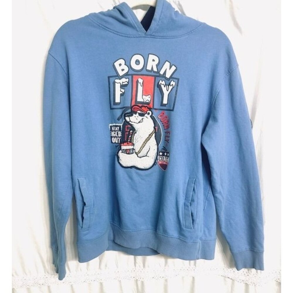 Born Fly Unisex Blue Hoodie Embroidered Polar Bear Cotton Pullover Sweatshirt XL